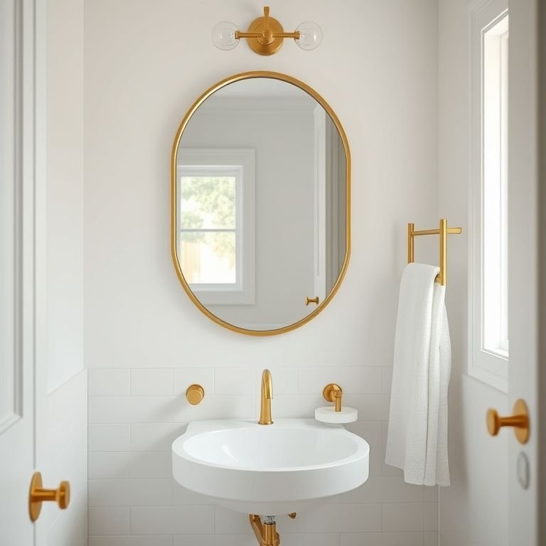 Banheiro branco com toques dourados sutis e elegantes para não exagerar.