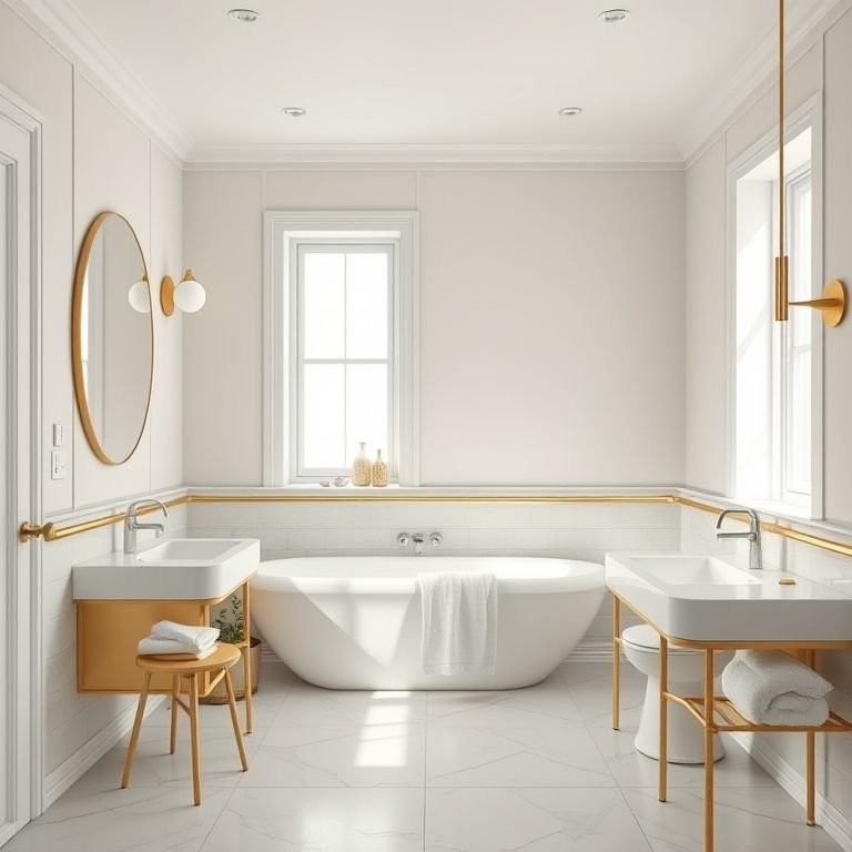 Banheiro branco e dourado com toques de bege e cinza claro.