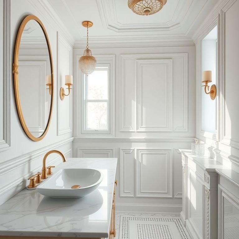 Banheiro branco e dourado luxuoso com iluminação natural e detalhes elegantes.