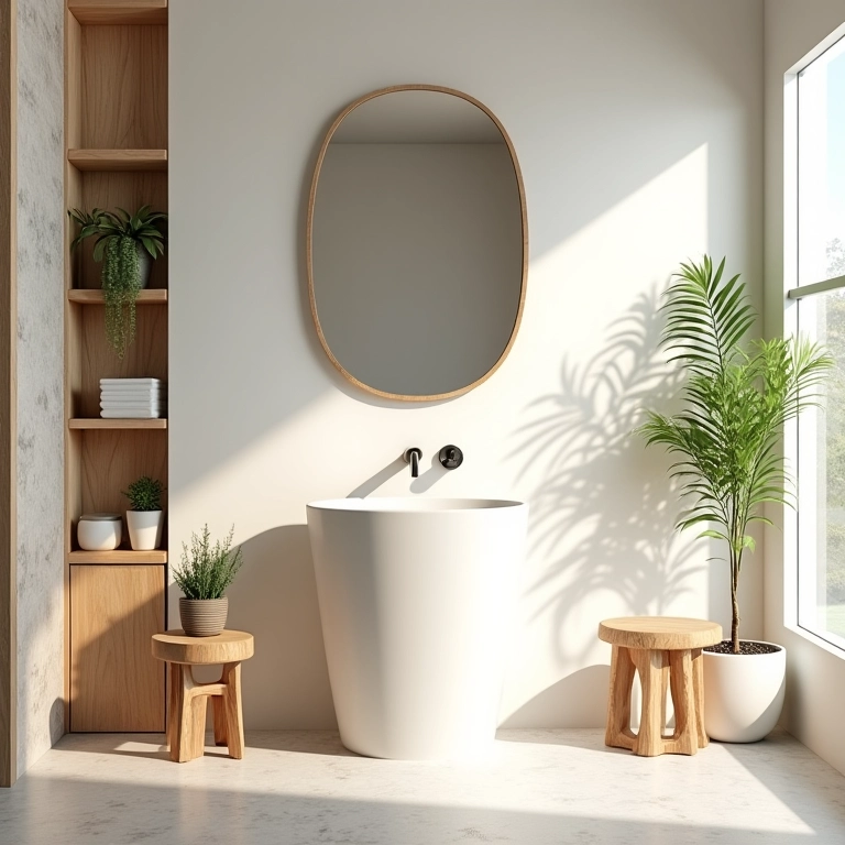 Banheiro claro com detalhes em madeira natural: prateleiras, espelho e banco pequeno.