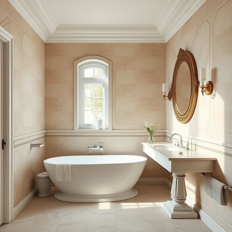 Banheiro clássico com travertino romano e espelho decorativo.