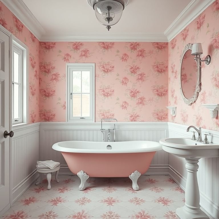 Banheiro clássico rosa e branco com banheira vintage e papel de parede floral.