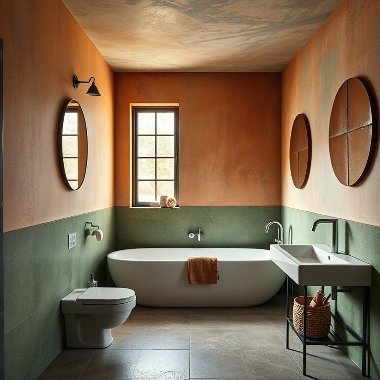 Banheiro colorido com cimento queimado e estilo vibrante.