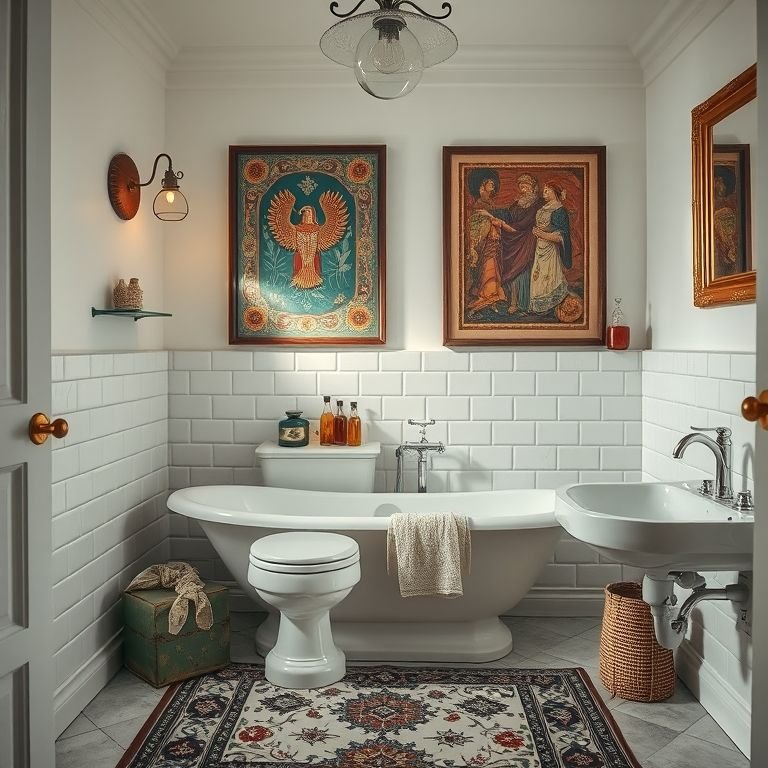 Banheiro com acessórios decorativos únicos, tapete estampado e obras de arte coloridas.