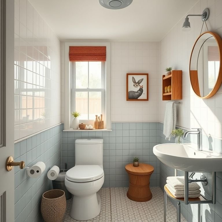 Banheiro com acessórios funcionais e decorativos.