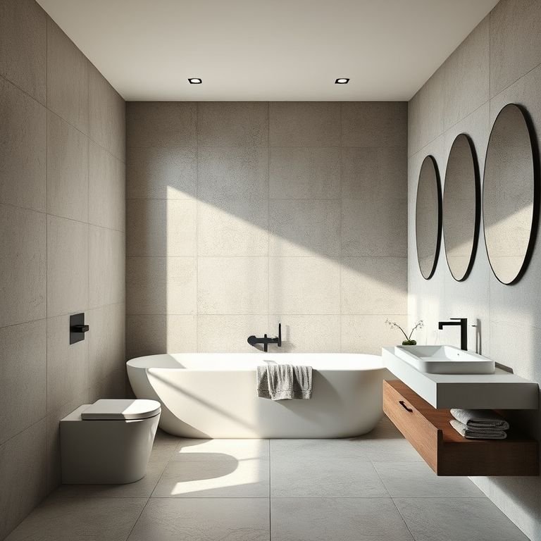 Banheiro com argamassa polimérica Quartzolit efeito cimento queimado.