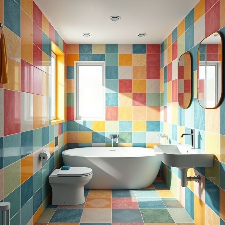 Banheiro com azulejos geométricos coloridos.