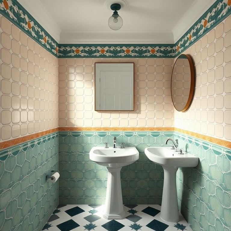 Banheiro com azulejos retrô em padrões geométricos.