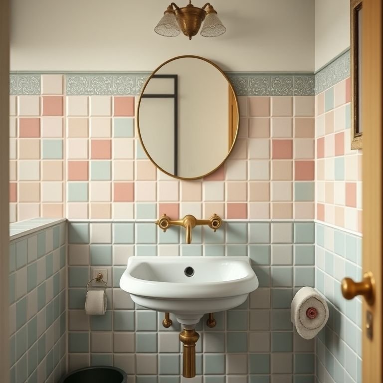 Banheiro com azulejos vintage em tons pastel.