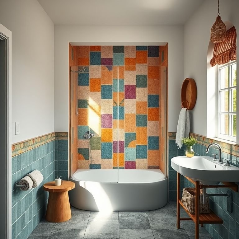 Banheiro com box colorido, harmonizando com a decoração.