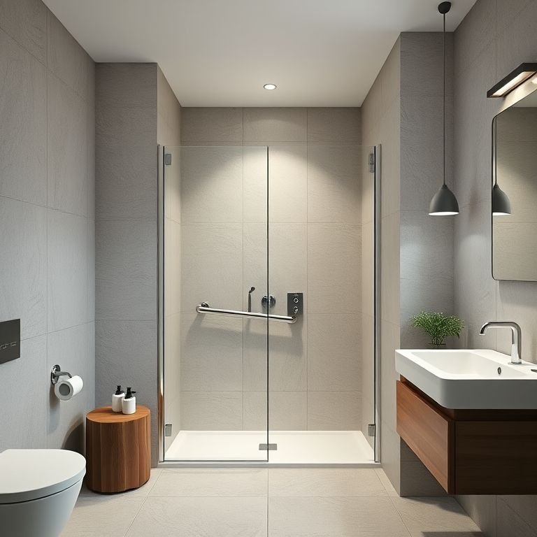 Banheiro com box de porta articulada, design moderno.