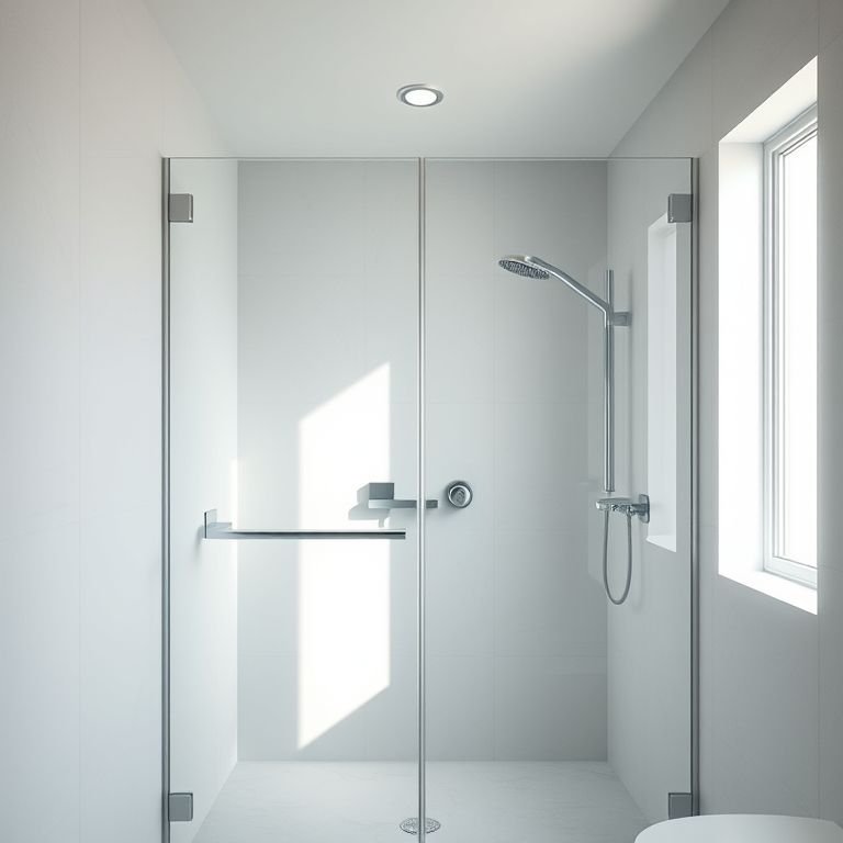 Banheiro com box de vidro e acabamentos minimalistas.