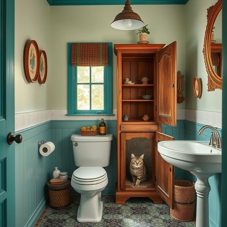 Banheiro com caixa de areia em móvel antigo repaginado.