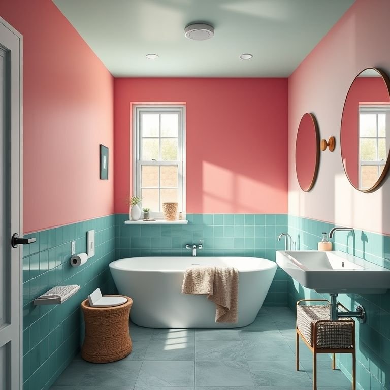 Banheiro com combinações de cores vibrantes e design equilibrado.