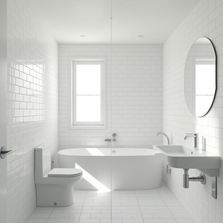 Banheiro com cores claras e neutras, transmitindo calma e serenidade.