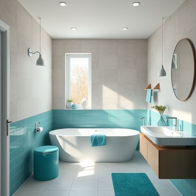 Banheiro com cores neutras e toques de azul e verde.