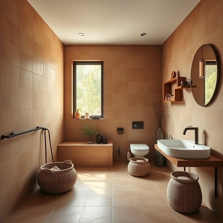 Banheiro com cores terrosas, azulejos de barro e cestos de palha.