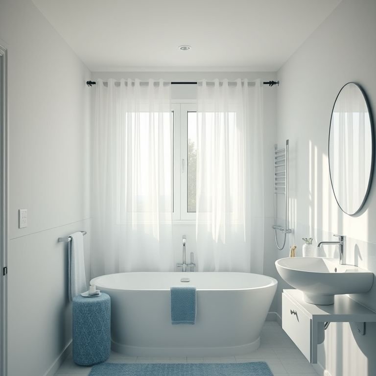 Banheiro com cortinas leves e translúcidas que permitem a entrada de luz natural.