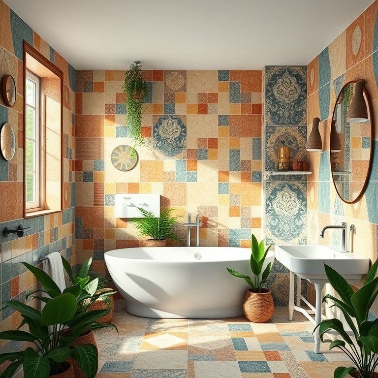 Banheiro com diferentes estilos de revestimentos coloridos e layouts.