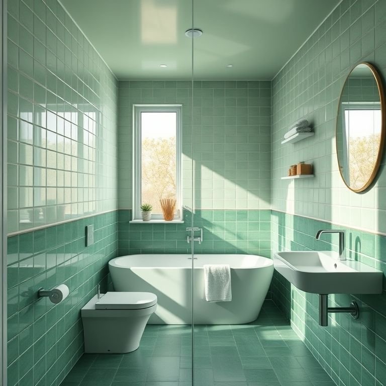 Banheiro com diferentes tons de verde, destacando a versatilidade da cor na decoração.