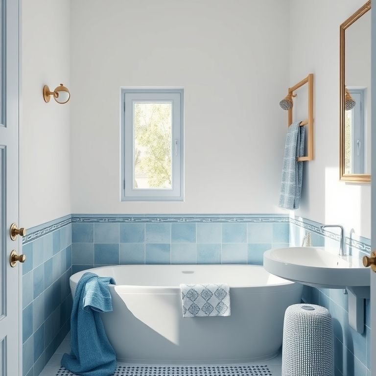 Banheiro com difusor de fragrância inspirado na Grécia, emanando um aroma relaxante.