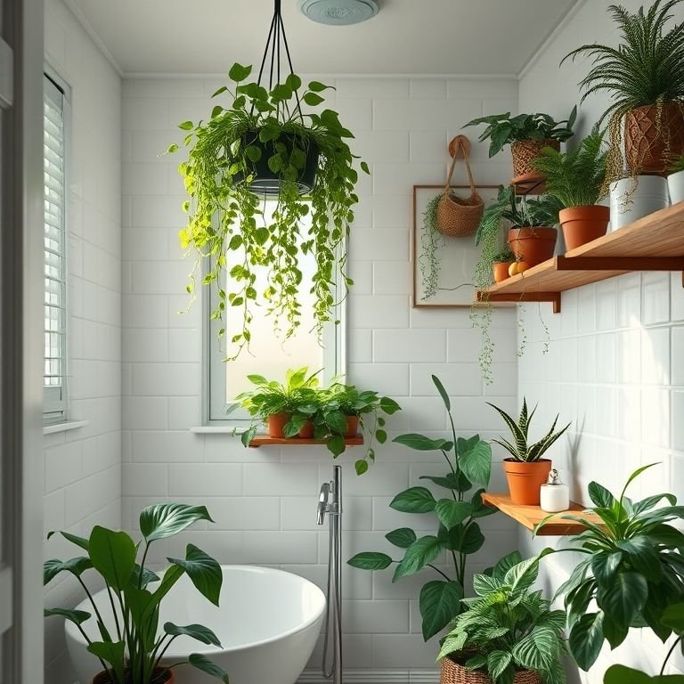 Banheiro com diversas plantas, incluindo trepadeiras penduradas e vasos em prateleiras de madeira.