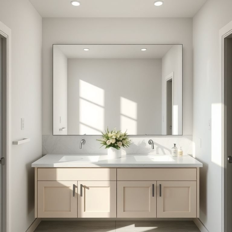 Banheiro com espelho amplo e funcional.