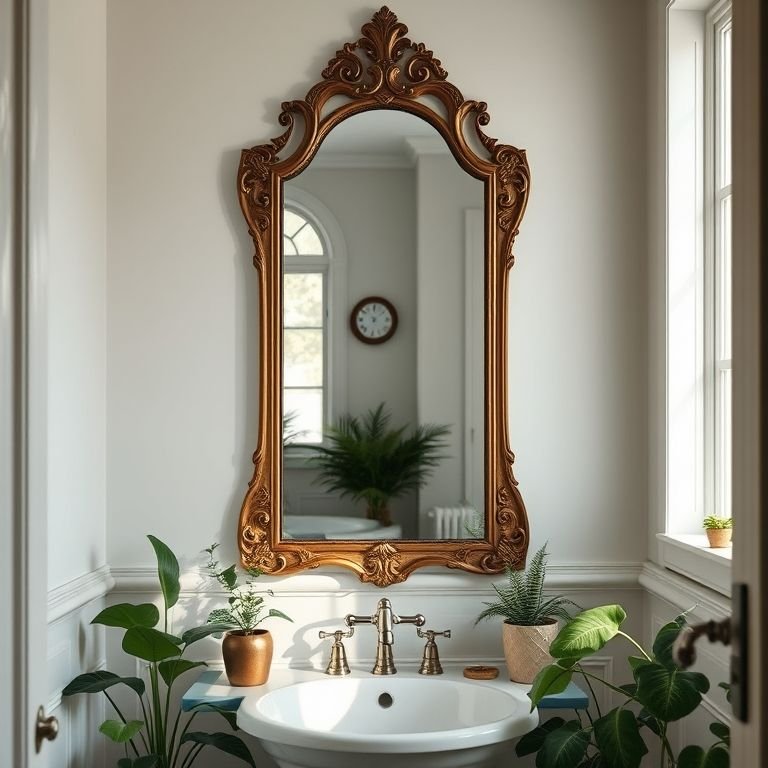 Banheiro com espelho decorativo de moldura ornamentada e estilo vintage.