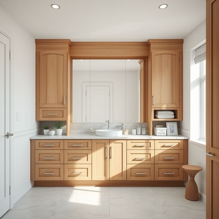 Banheiro com gabinete com pia e amplo espaço de armazenamento.