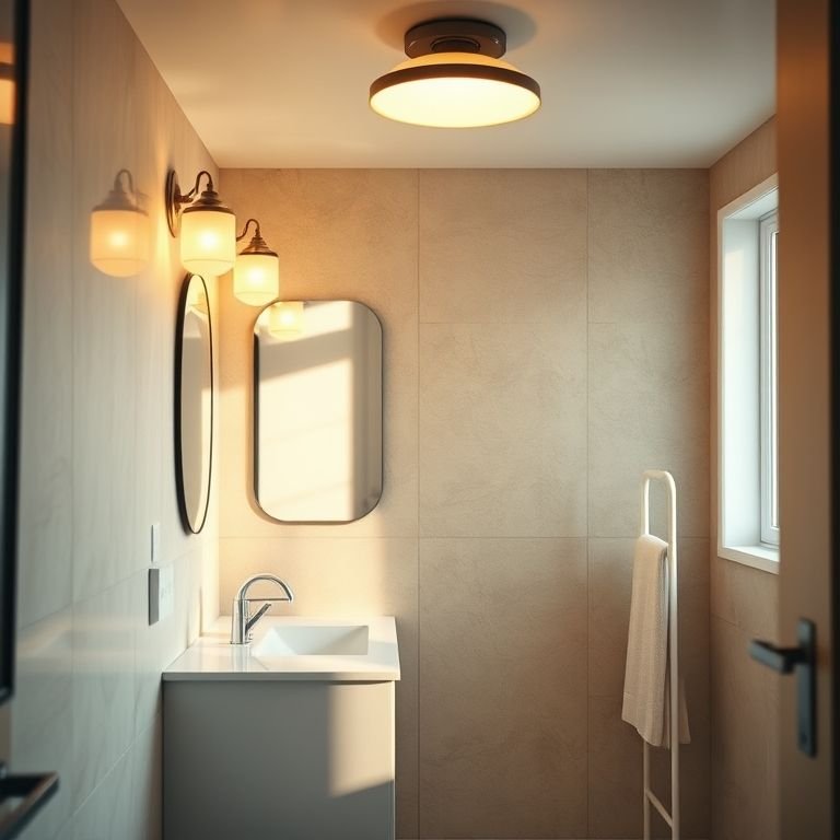 Banheiro com iluminação em camadas: natural, vaidade e ambiente.