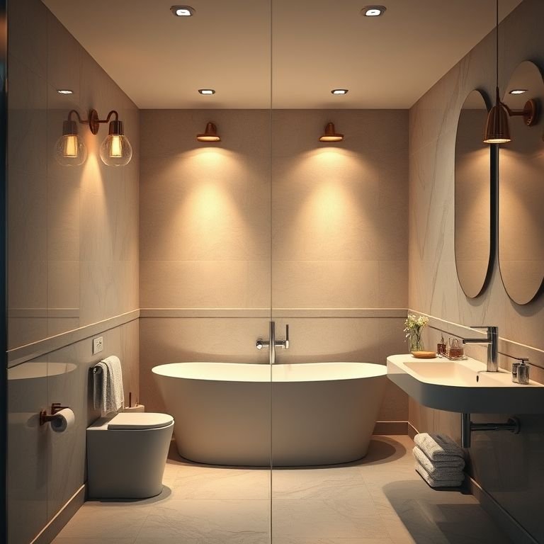 Banheiro com iluminação estratégica e aconchegante.