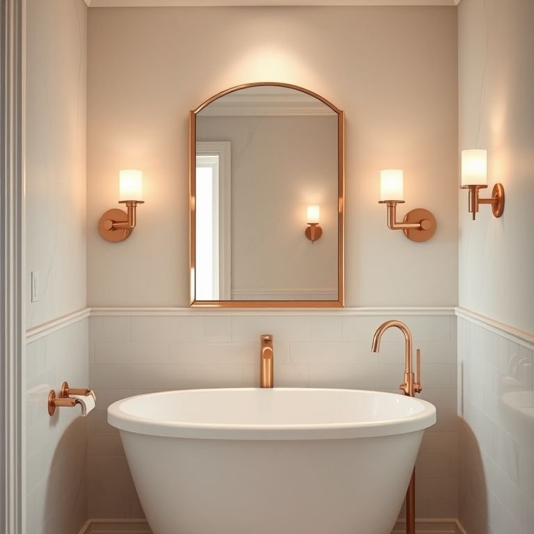 Banheiro com iluminação suave e metais rose gold, ambiente relaxante.