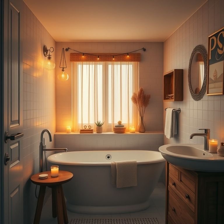 Banheiro com iluminação suave, velas e luzes de corda, criando um ambiente acolhedor.