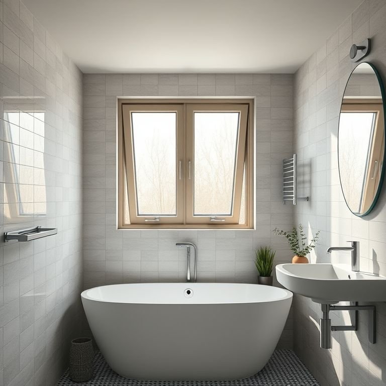 Banheiro com janela basculante 80x60, paredes revestidas e luz natural.