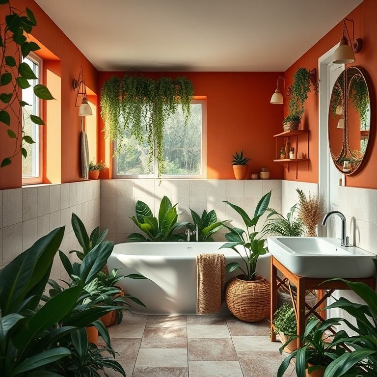 Banheiro com jardim de inverno em estilo vibrante e aconchegante.