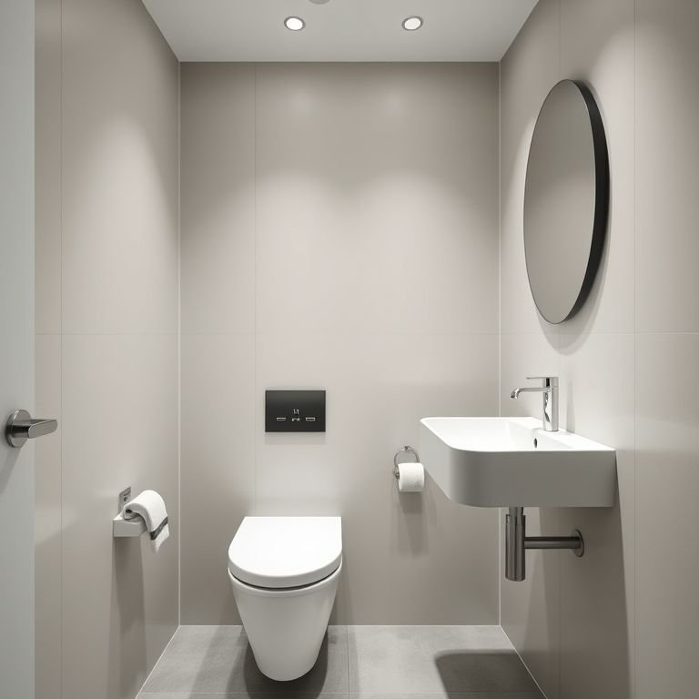 Banheiro com louças e sanitários suspensos.