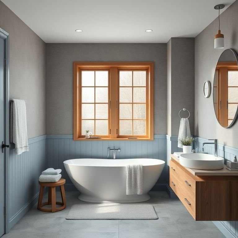 Banheiro com madeira, cinza e toques de azul.