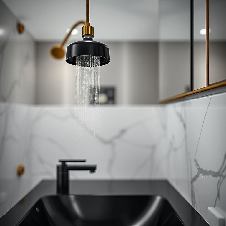 Banheiro com metais em tons de preto e dourado.