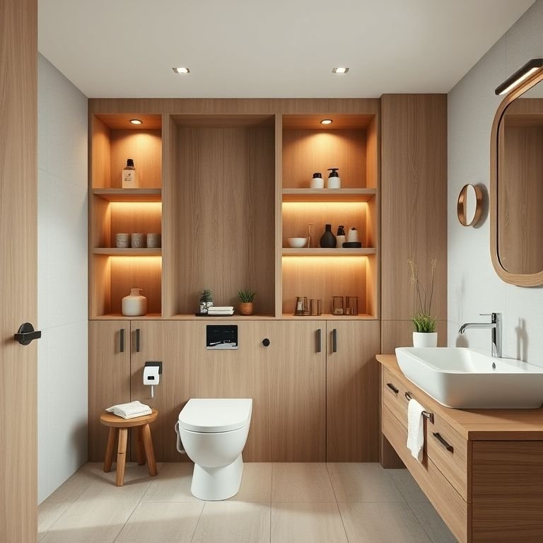 Banheiro com nichos e prateleiras para organização.