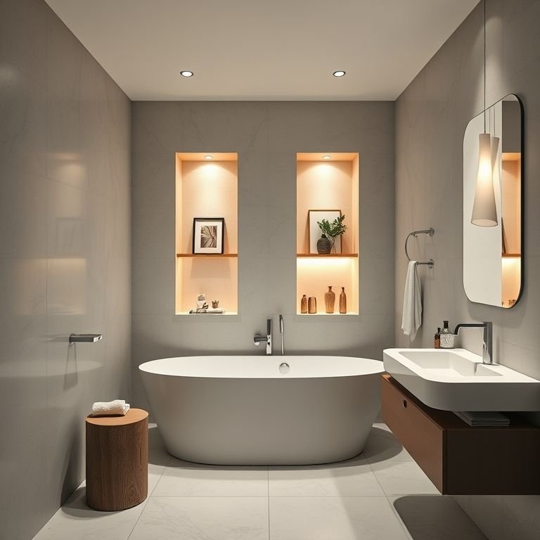 Banheiro com nichos iluminados para destaque.