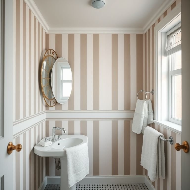 Banheiro com papel de parede listrado e toalhas macias.
