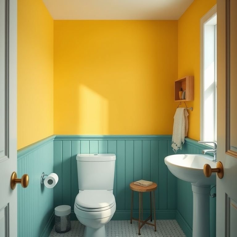 Banheiro com parede pintada de cor vibrante.