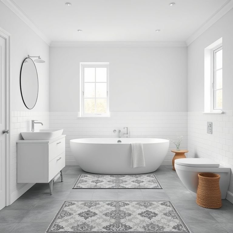 Banheiro com paredes brancas e piso cinza, mostrando como equilibrar as cores.