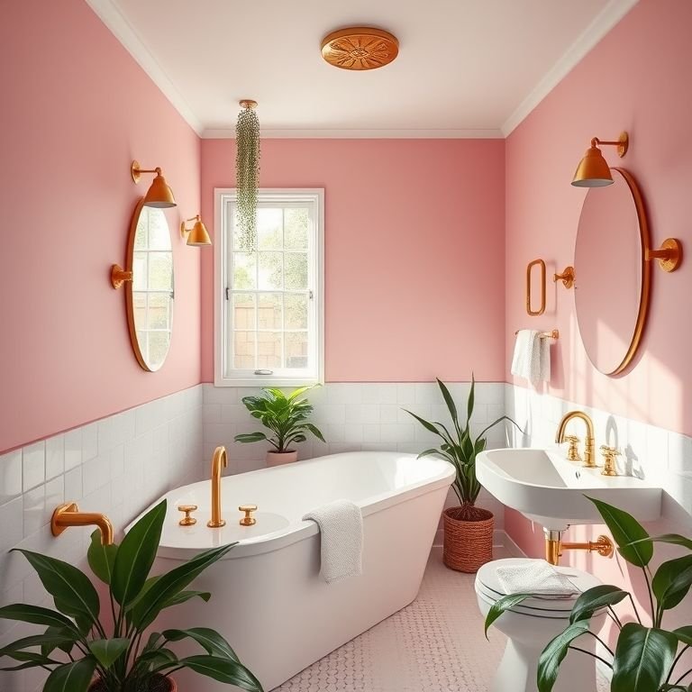 Banheiro com paredes rosa pink, metais dourados e design moderno.