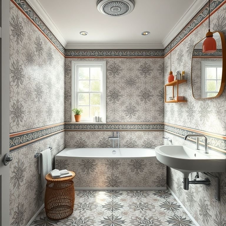 Banheiro com pastilhas Atlas e detalhes coloridos.