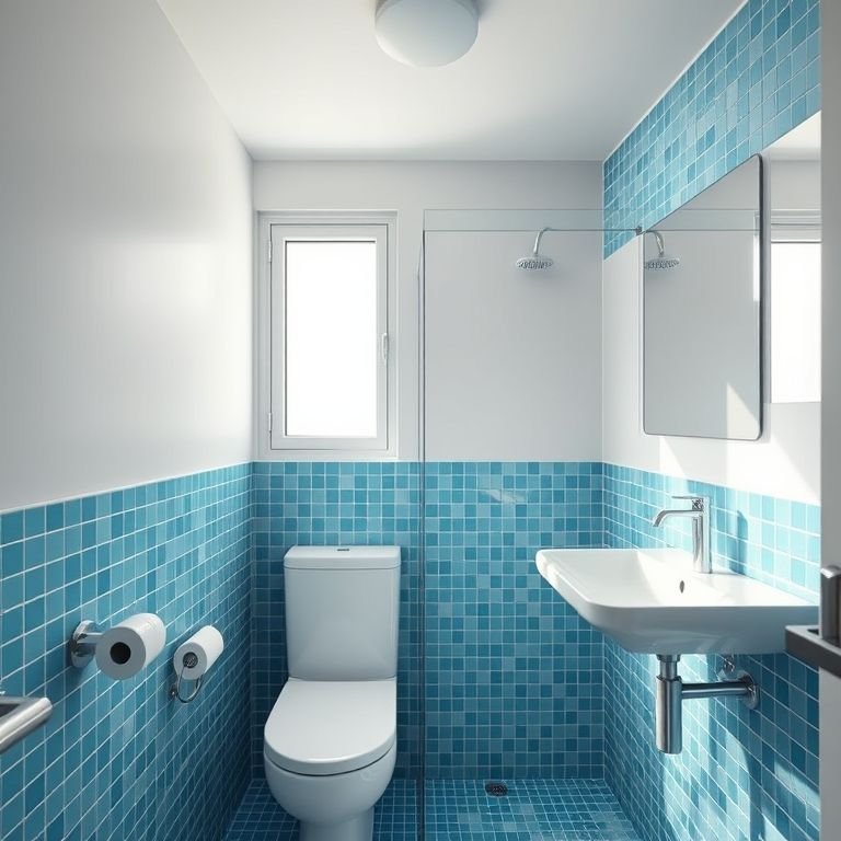 Banheiro com pastilhas azuis em mosaico, iluminação natural e design clean.