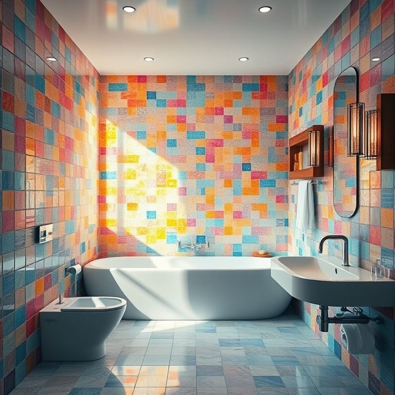 Banheiro com pastilhas de vidro coloridas.