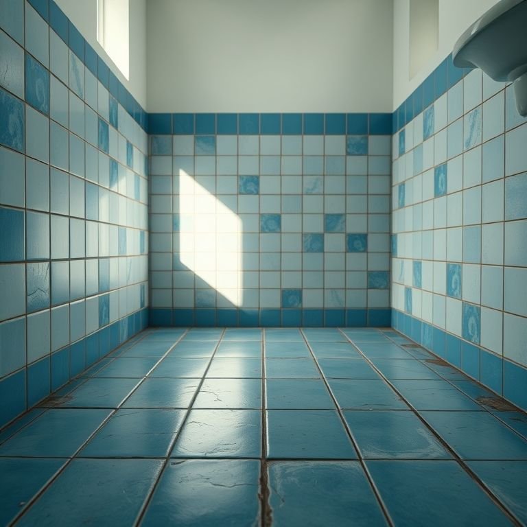 Banheiro com piso azul desbotado, bordas desgastadas e iluminação suave.