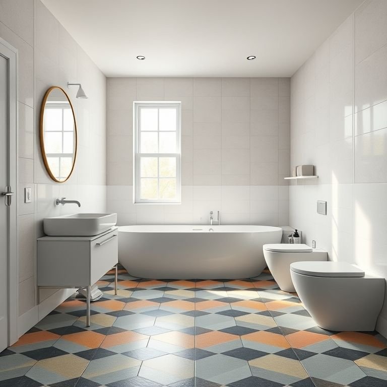 Banheiro com piso de azulejos geométricos coloridos e decoração minimalista.