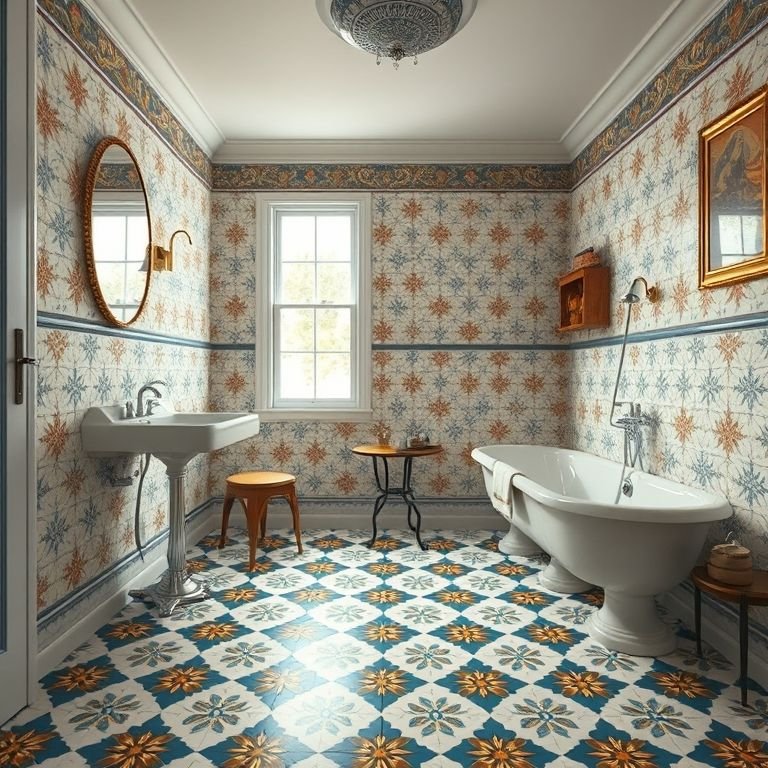 Banheiro com piso de ladrilho hidráulico colorido e decoração vintage.